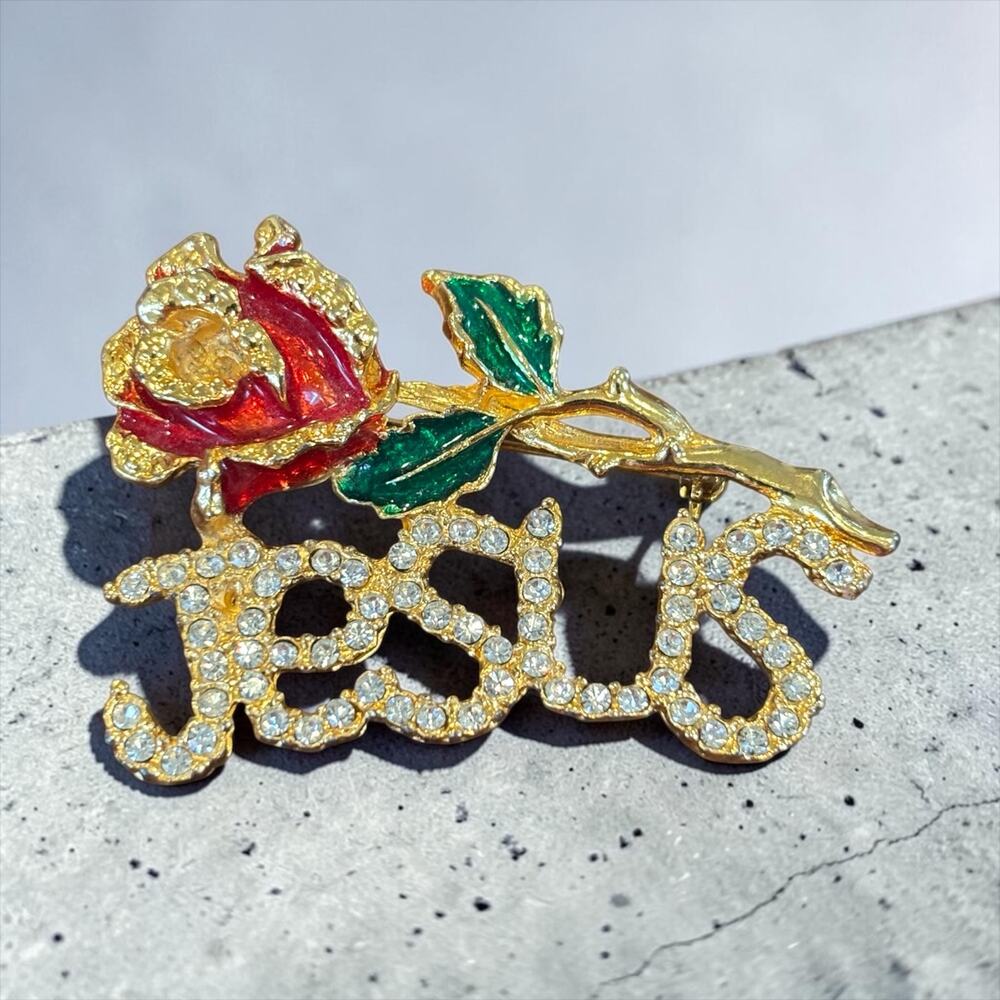 Jesus Rhinestone Rose Brooch 1980s Gold Tone Enamel Pin Red Rose Religious